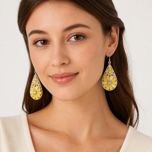 Colorful Green Teardrop Earrings for Women - Bohemian Style Enamel Dangle Earrings Lightweight Fashion Jewelry for Daily/Wedding/Party - color: Yellow