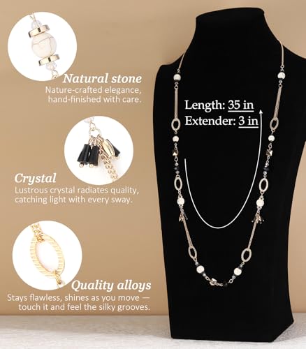 Long Gold Boho Necklaces for Women Beaded Statement Chain Long Necklace Gold Costume Jewelry Birthday Gifts for Her - color: Black White