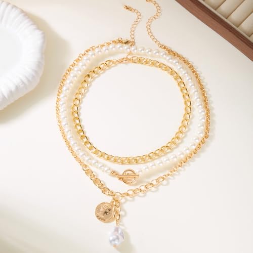Chunky Pearl Layered Necklaces for Women Gold Big Statement Choker Necklace Set Charm Pearl Coin Pendant Necklace Trendy Jewelry Accessories Gifts - color: Gold2
