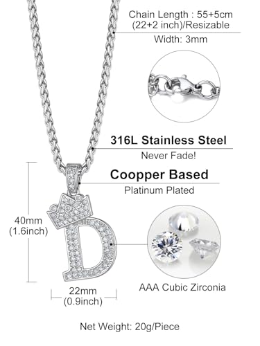 Richsteel Silver Crown Initial A-Z Letter Pendant Necklace for Men Women | Cubic Zirconia Monogram, 316L Steel Chain, 22" + 2" Extender,Hypoallergenic,Gift Box, Hip Hop Jewelry - style: D