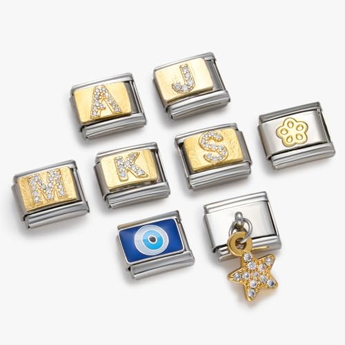 Stainless Steel Italian Charm Bracelet, 18 Link Starter Bracelet 9mm Charms | Italian Charm Bracelet with 9Pcs/20Pcs Charms and Opening Tools, Classic 9mm Modular Charm, Personalized Jewelry Gift - color: Gold J