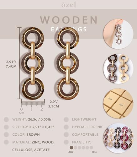 Ozel - Natural Wooden Acrylic Boho Drop Dangle Earrings for Women - Geometric Statement Jewellery - Brown, Black, Magent Red, Olive Green, White beige - color: 3Circle_Brown