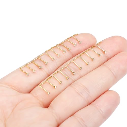 Hoeudjo Nose Studs Surgical Steel Cubic Zirconia Nose Rings Kit for Women Men Tiny Nose Stud Screw & Bone & L Shaped Nostril Piercing Jewelry 24-18 Gauge 20 Pieces Set - color: gold-tone,L-shaped nose studs, size: 22g/1.5mm clear CZ