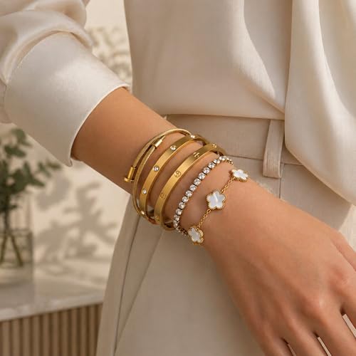 18K Gold Plated Love Bangle Bracelet Stack for Women, Adjustable Clover Bracelet & CZ Tennis Chain Set, Stackable Layered Jewelry, Fade Resistant, Long-Lasting Luster for Daily Wear & Gift - color: 5Pcs Gold White
