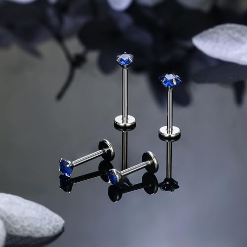 Titanium Flat Back Lip Rings Internally Threaded Earrings Studs Nose Rings 20G 18G 16G Round Heart Square CZ Tragus Cartilage Lobe Rook Helix Conch Labret Medusa Piercing Jewelry for Women Men - color: Blue CZ, size: 20G-6/8/10mm