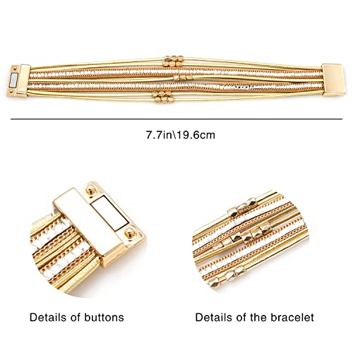 Multi-layer Leather Bracelets Multi-strand Wrap Bracelets Handmade Braided Rope Cuff Bangle with Magnetic Buckle Jewelry - color: Crystal Gold