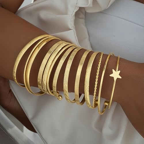FAXHION Gold Bangle Bracelets for Women, 14 Pcs Multi Layer Stackable Bangle Set, 14K Gold Plated Textured Chunky Bracelets Boho Jewelrys Set - style: Gold B-13 pcs