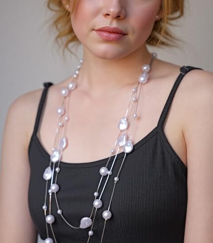 Errally Long Pearl Necklace and Earring Set Layered Pearl Beaded Necklaces for Women White Costume Jewelry Sets Gifts for Mom - color: Pear Shaped