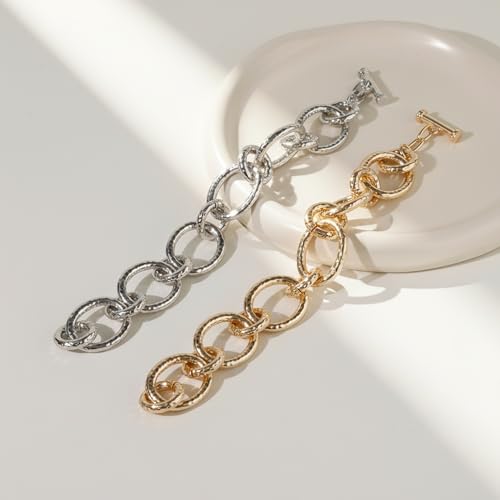 18K Gold Plated Hammered Toggle Bracelet for Women | Chunky hammered statement bracelet with a toggle closure and 3 adjustable sizes, designed for everyday wear and gifting - style: Style One