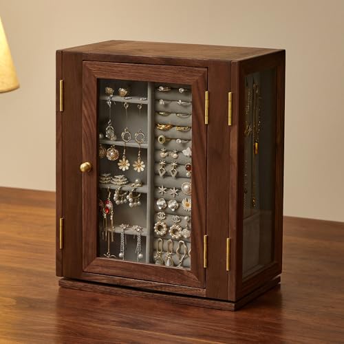 360 Rotating Design Wooden Jewelry Box for Women | Large Jewelry Organizer with Velvet Lining, 5 Drawers, Transparent Glass Doors, Black Walnut Wood Grain - size: Rotation