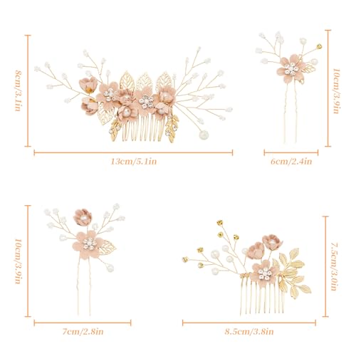 6 Pcs Bridal Hair Accessories French Hair Side Combs and Hair Pins,Gold Wedding Jewelry Headpiece with Rhinestone for Brides Bridesmaids Women Girls(Pink Flower) - color: Pink