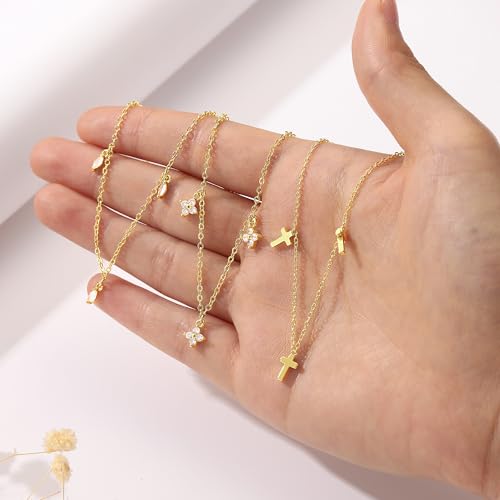 Ursteel 14K-Gold-Plated Necklace for Women Girls, Cute Daisy Pearl Necklace for Girls Clover Butterfly Cubic Zirconia Flower Evil Eye Station Necklaces for Women Teen Girl Gifts - color: "Clover Zircon