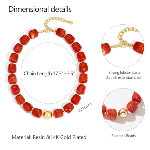 Chunky Colorful Beaded Choker Necklace for Women, Summer Beach Statement Resin Beads Necklace, Trendy Womens Summer Beach Jewelry Birthday Gifts for Vacation Holiday - color: Square Red Bead