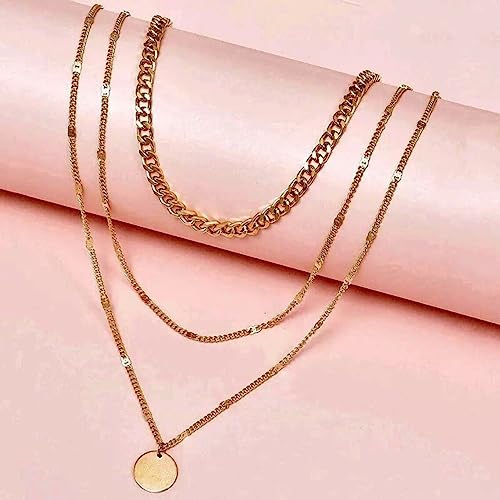 ASCOMY Layered Necklaces for Women Dainty Gold Necklace 14K Gold Plated Herringbone Necklace for Women Pearl Cross Necklace Paperclip Cuban Figaro Rope Satellite Chain Gold Choker Trendy Jewelry Gift - style: 3Layered Cuban Bar Coin-GD