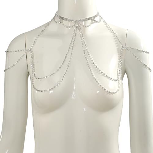 Sexy Rhinestone Shoulder Body Chain Jewelry,Multi-layered Waterdrop Rhinestone Bridal Back Chain Necklace Sexy Festival Rave Crystal Shoulder Chain Wedding Backdrop Jewelry for Women - style: Silver