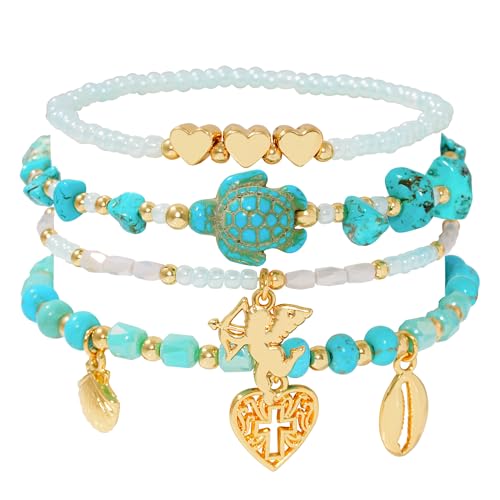 LALAPPLE Shell Bracelet Boho Beaded Stretch Bracelets for Women Seashell Strand Bracelets Starfish Charm Jewelry Summer Beach Jewelry Stackable Crystal Gold Plated Beads Bracelet for Women - style: T-Style7