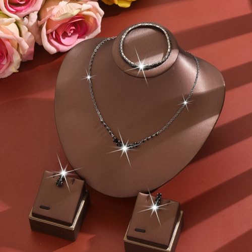 Silver Wedding Prom Jewelry Sets Sparkling Crystal Chain Necklace Earrings Bracelet Set Rhinestone Wedding Set Formal Prom Costume Jewelry Sets for Women and Brides - color: Black