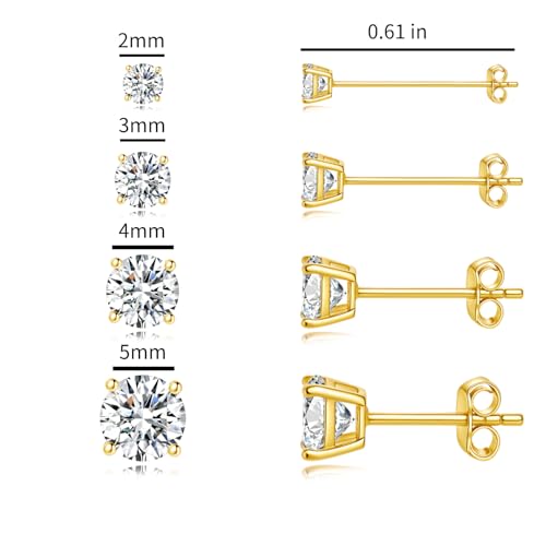 Gold Stud Earring Set for Women Men, Round CZ Earrings Hypoallergenic | 925 Silver Post , 4 Holes Small Studs Earrings Multiple Piercing Cartilage Tragus Trendy Post Cute Earrings Stacks Jewelry - color: 14k gold