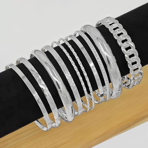 Gold Bangle Bracelets for Women, 14k Gold Plated Multi Layer Textured Stackable Open Bracelet Set Boho Indian Bangles Stackable Set Trendy Elegance Charms Non Tarnish Minimalist Bangle Pack - style: Silver 10Pcs
