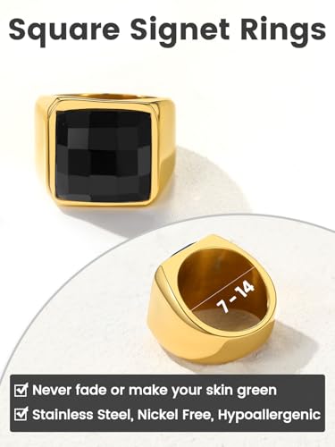 KeyStyle Square Gemstone Signet Rings for Men, Personalized Stainless Steel Pinky Ring with Black Onxy Blue Topaz Birthstone Statement Ring - color: Gold -Black Onyx - 15mm