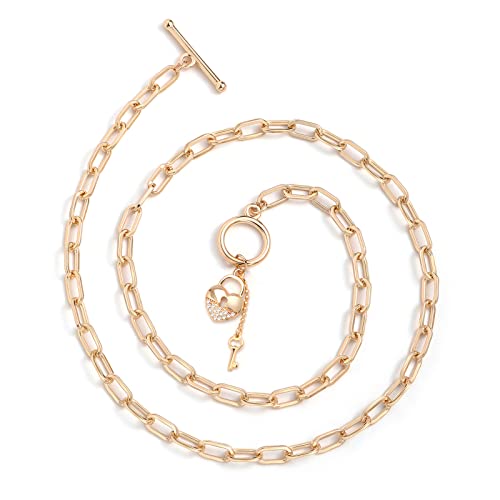 DoreenBeads 18K Gold Sun Moon Star Compass Pendant Necklace | Chunky Toggle Paperclip Chain Necklace with Heart Daisy Bee Charms for Women Girls 20 Inches - color: Padlock & Key