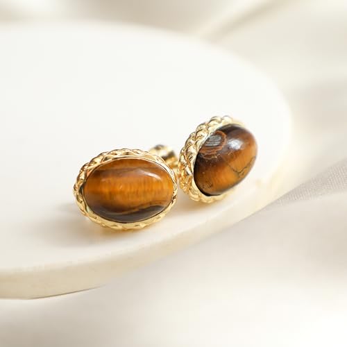 Gempires Bold Oval Gemstone Stud Earrings for Women – Natural Healing Stone Jewelry 14K Gold-Plated Hypoallergenic Tarnish-Resistant – Bold Statement Studs Gift for Her - style: Tiger Eye