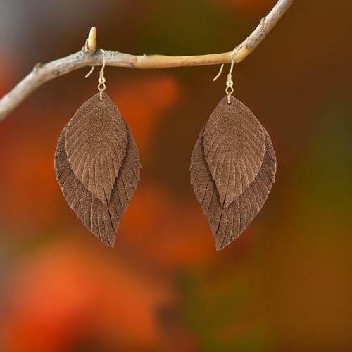 Genuine Leather Handmade Fringe Feather Lightweight Dangle Drop Earrings Teardrop Tassel Hook Earrings for Women - style: 13 Brown