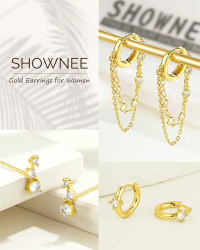 Tassel Chain Small Gold Hoop Dangle Earring For Women Huggie Earring Heart Star CZ 14K Gold Plated Fashion Jewelry Graduation Gift for Her Mothers Day Gifts for Mom - color: Gold-3 Pairs A
