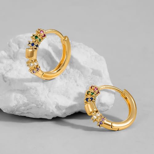 Dremmy Studios Dainty CZ Huggie Hoop Earrings 14K Gold Plated Chunky Simple Cute Thick Round Frill Bead Ball Starburst Cuff Earrings Cubic Zirconia Hoop Earrings Minimalist Personalized Gift for Her - color: Rainbow C