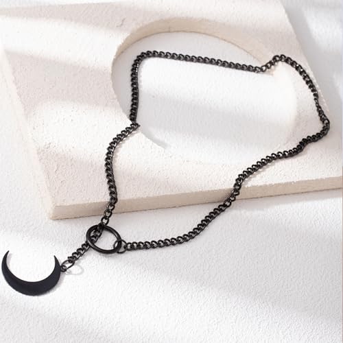 Heart O Ring Slip Chain Choker Necklace for Women Men Stainless Steel Cuban Chain Y-shape Necklaces Punk Rock Collar Adjustable Lariat Y Necklace Prom Necklaces Jewelry - color: Black moon