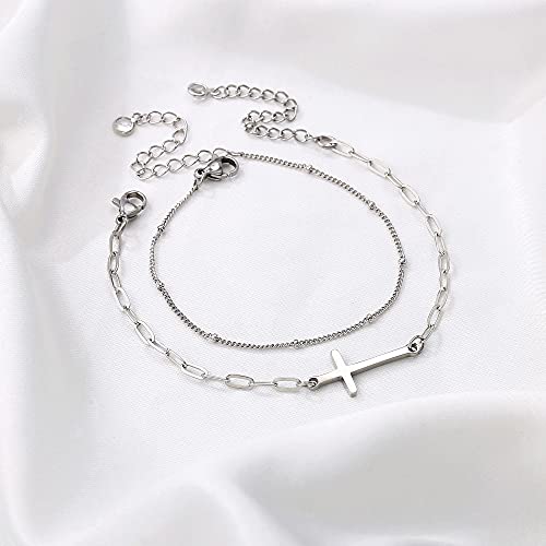 Dainty Gold Bracelets for Women, 14K Gold Plated Adjustable Layered Beads Bracelet Cute Evil Eye Oval Chain Pearl Bar Turtle Gold Bracelets for Women Jewelry - style: Beads Chain&Cross-Silver