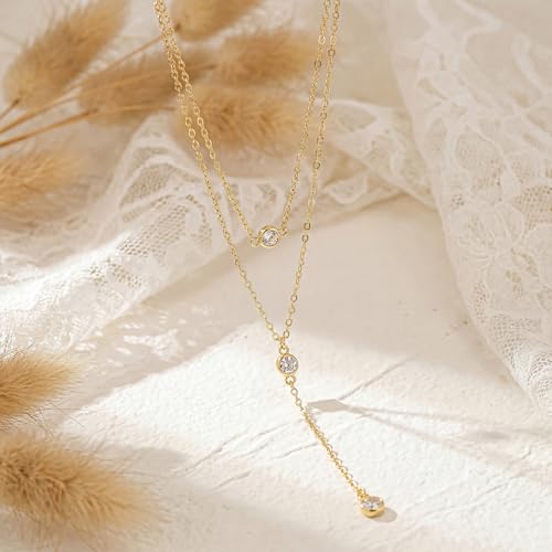 14K Gold Plated Layered Lariat Necklace for Women - Waterproof Non-Tarnish Dainty Gold Chain Necklace, Long Boho Statement Jewelry for Wedding, Prom, Summer Vacation Gifts - color: Layered CZ Y Necklace-Gold