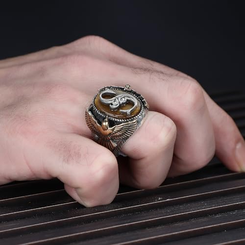 925 Sterling Silver Personalized Ring for Men, Tiger's Eye Stone Men's Ring, Eagle Design Silver Men Ring, Customizable Letter Ring, Silver Initial Men Ring, Monogram Silver Ring