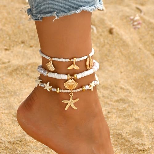 Summer Beach Ankle Bracelet for Women Waterproof Boho Beads Starfish Seashell Anklets Adjustable Surfer Preppy Ankles Set Beach Vacation Accessories