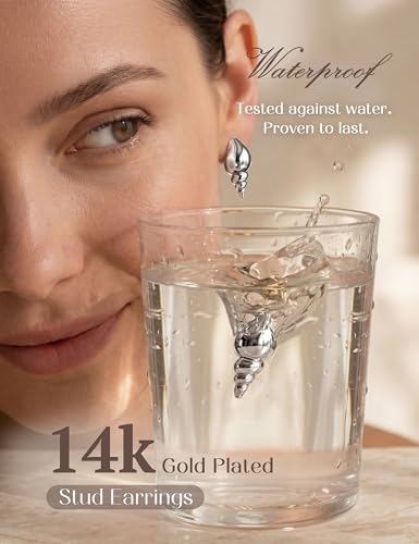 Chunky Gold Stud Earrings for Women Sterling Silver Earring Hypoallergenic | Non Tarnish 14K Gold Plated 925 Silver Posts for Sensitive Ears,Knot Statement Dangle Earrings Gold Jewelry Gifts Lightweight - color: silver plated-little conch