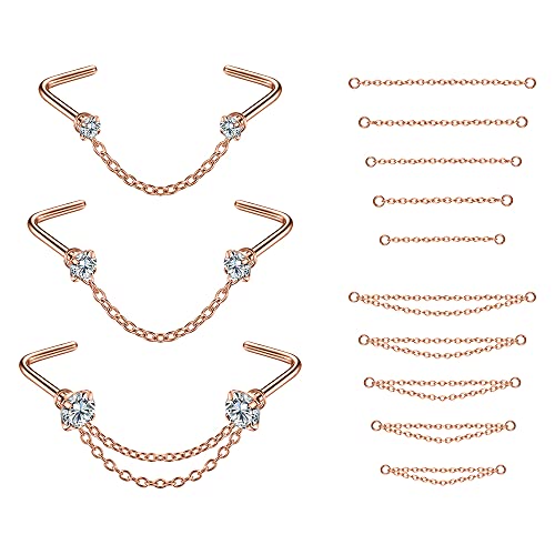 PunkTracker 20G Nose Rings 2mm 2.5mm 3mm CZ Nose Studs | with Chains Surgical Steel Nose Piercing Jewelry Nose Ring Studs - style: Rose Gold, L-Shape