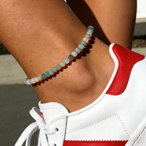 Natural Stone Beaded Anklets for Women, Handmade Boho Clear Quartz 4mm Crystal Beads Anklet, Gold Chain Adjustable Ankles Bracelet, Beach Summer Jewelry Gemstone Foot Bracelet Gift - color: Amazonite