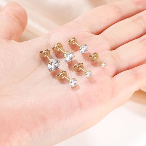 6 Pairs Stud Earrings for Women, 14K Gold Plated Hypoallergenic 316L Surgical Stainless Steel Earrings Studs Sets Cubic Zirconia Cartilage Earrings - color: Gold- 6 Pairs- 2 3 4 5 6 7mm