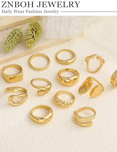12 PCS Chunky Gold Stackable Rings for Women Non Tarnish 18K Gold Plated Statement Ring Stack Set Silver Adjustable Stacking Thumb Knuckle Band Dainty Open Rings Signet Cute Jewelry Gift - color: 12Pcs Gold