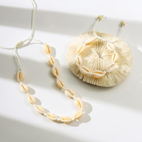 Starain 2Pcs Shell Necklace Anklet for Women Handmade Adjustable Puka Beach Shell Necklace Set - color: B-White
