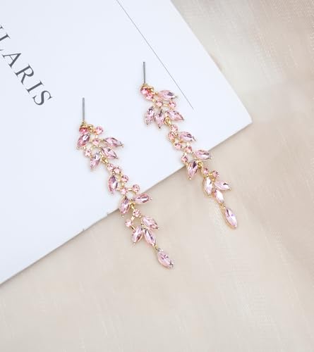 CSY Elegant Bridal Jewelry Sets Wedding Prom Homecoming Gown Accessories | Austrian Marquise Crystal Wedding Necklace Dangle Earrings Tennis Bracelet Ring Set for Bride Women Costume Accessories - color: light pink - gold tone