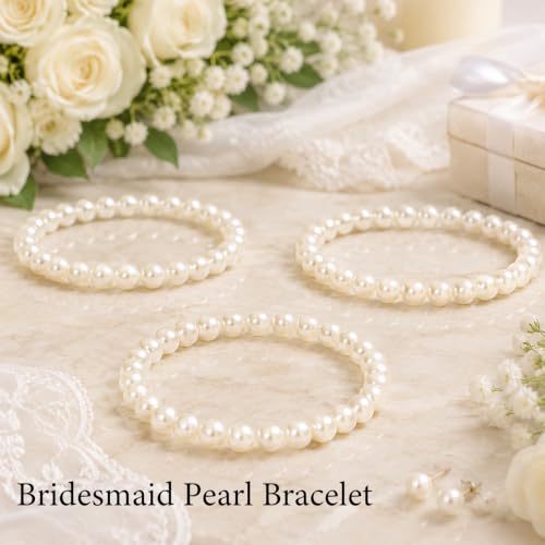 30 PCS Pearl Bracelets for Women, Stretch Bridesmaid Faux Pearl Beaded Bracelets Set, Bulk Wedding Bridal Party Favor Jewelry Gifts(White) - color: 30 Beige