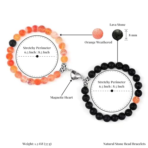 Set Of 2 Couples Bracelet Magnetic Healing Natural Bead Stone Stretch Bracelet Unisex Anniversary, Friendship, Valentine, Christmas Gift - color: Lava+Orange Weathered, style: Without Giftbox
