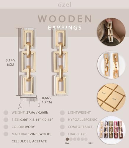 Ozel - Natural Wooden Acrylic Boho Drop Dangle Earrings for Women - Geometric Statement Jewellery - Brown, Black, Magent Red, Olive Green, White beige - color: 3Square_White beige