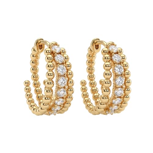 MEVECCO Chunky Huggie Hoop Earrings for Women Starburst Beaded Styles | 18K Gold Plated Brass, Triple Or Single Cubic Zirconia Star Details, Graduated Rounded Profile, Front Stone Row - style: Slit Bead