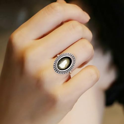 Natural Oval Stone Boho Ring,Retro Antique S925 Sterling Silver Crystal Quartz Gemstone Bohemian Statement Handmade Ring Jewelry for Women Her - color: B11_Black Obsidian