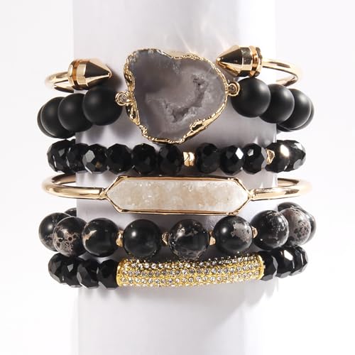 Yomisa 5PCS 6PCS Natural Boho Beaded Bracelets/Bangle for Women Men,Healing Turquoise Jasper Agate Crystal Gemstone Stone Chakra Multilayer Wrap Bohemian Handmade Jewelry Beads Stretch Bracelet Set - color: 6PCS-Black