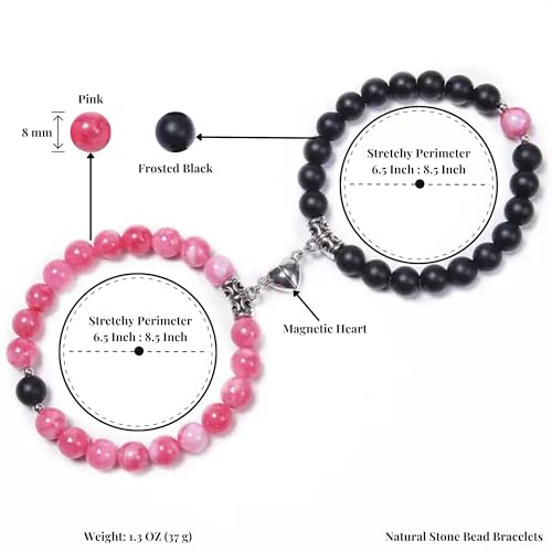 Set Of 2 Couples Bracelet Magnetic Healing Natural Bead Stone Stretch Bracelet Unisex Anniversary, Friendship, Valentine, Christmas Gift - color: Black+Pink, style: Without Giftbox