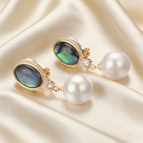 Yoursfs Abalone Shell Pearl Clip On Earrings for Women Colorful Cubic Zirconia Earrings Non Pierced Freshwater Pearl Drop Dangle Earring Trendy Jewelry - style: Abalone Shell Pearl Earrings