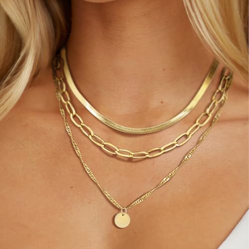Layered Necklaces for Women,14k Gold Plated Dainty Necklace Stack Set Non Tarnish Adjustable Silver Stainless Steel CZ Heart Circle Pendant Paperclip Choker Herringbone Snake Chain Jewelry - style: Gold Circle Layered Necklace